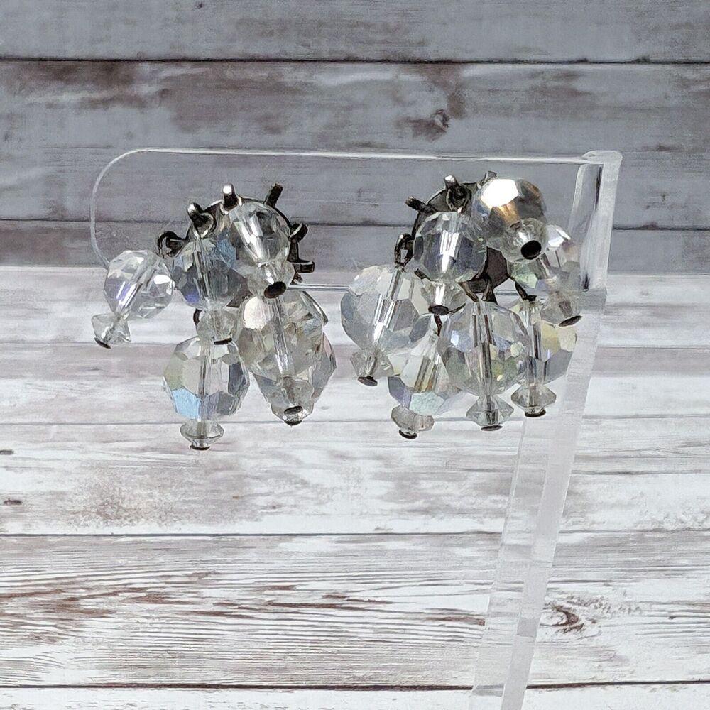 Vintage Clip On Earrings - Iridescent Cluster Dangle - Missing Beads